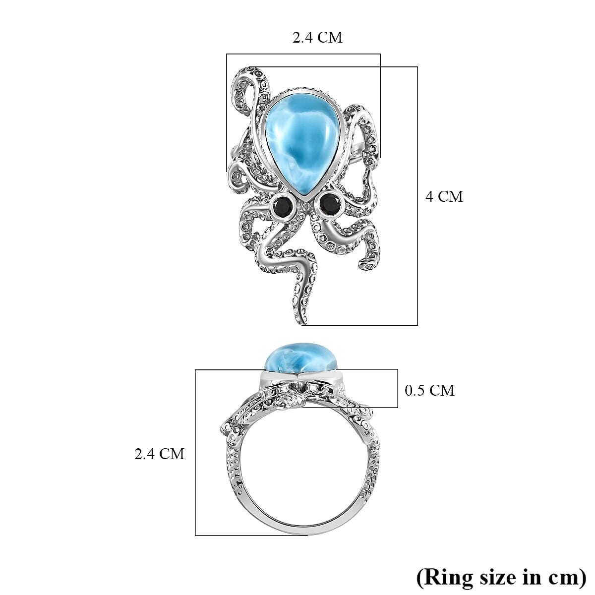 GP Sea Life Collection - Larimar & Boi Ploi Black Spinel Ring in Platinum Overlay Sterling Silver 6.84 Ct GP Sea Life Collection - Larimar & Boi Ploi Black Spinel Ring in Platinum Overlay Sterling Silver 6.84 Ct