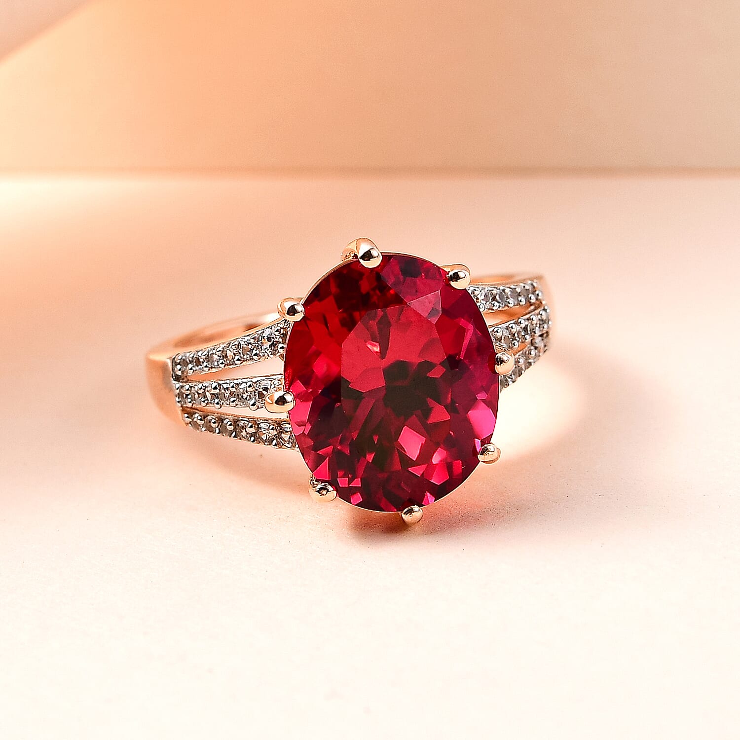 Lab Created Padparadscha Sapphire and Natural Zircon Ring in Vermeil Rose Gold Plated Sterling Silver 7.34 Ct