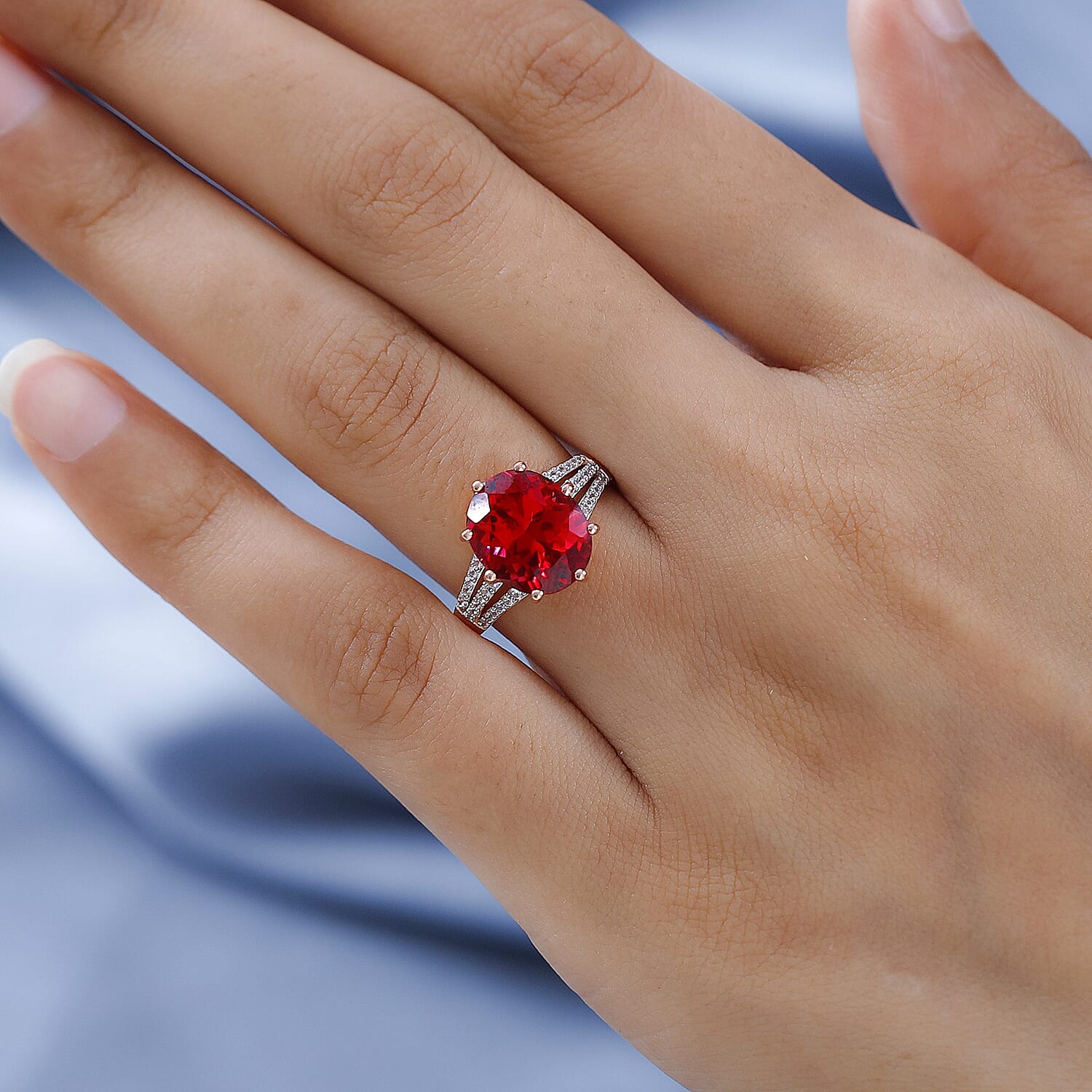Lab Created Padparadscha Sapphire and Natural Zircon Ring in Vermeil Rose Gold Plated Sterling Silver 7.34 Ct