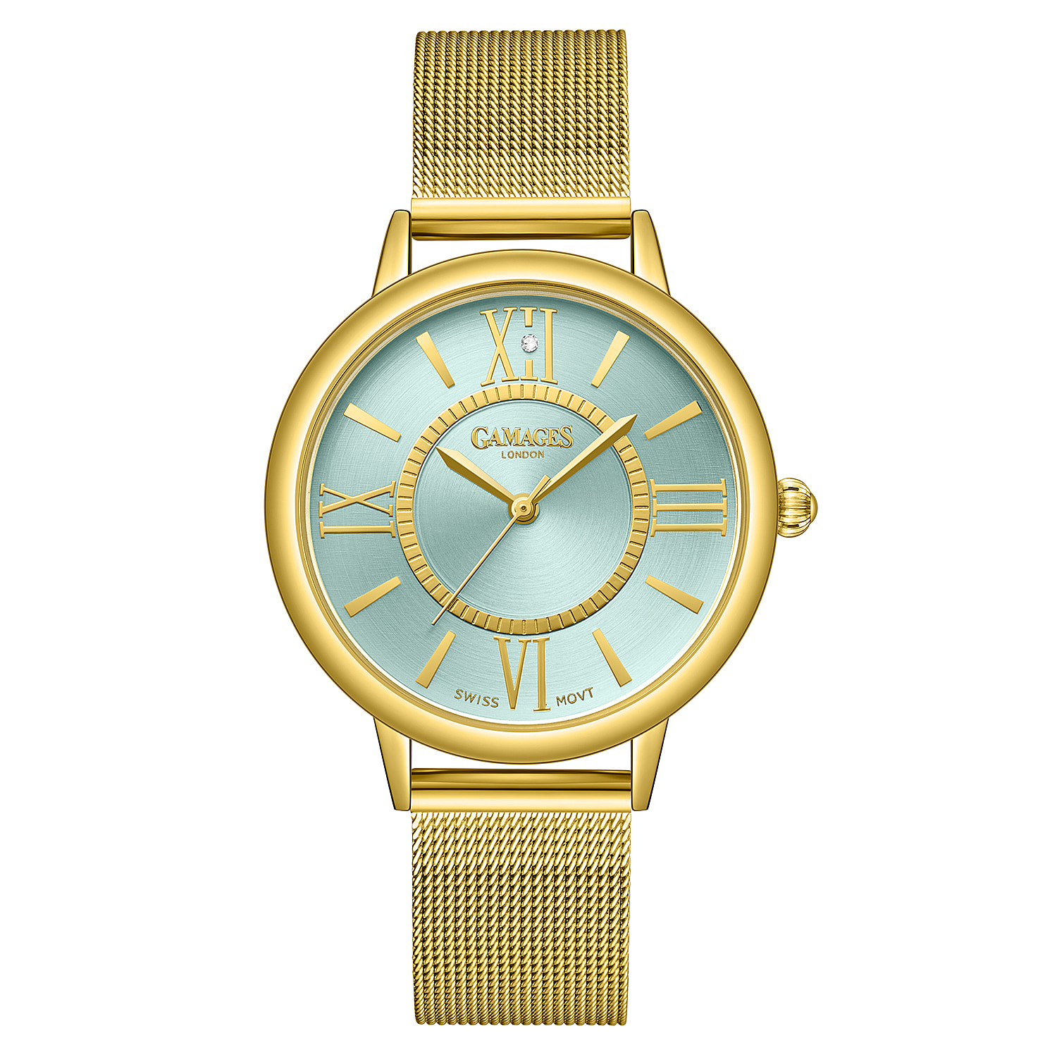 Gamages Of London Ladies Baroness Swiss Quartz Movement Teal Dial Diamond Stud Water Resistant Watch with Gold Mesh Bracelet
