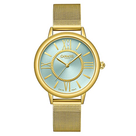 Gamages Of London Ladies Baroness Swiss Quartz Movement Teal Dial Diamond Stud Water Resistant Watch with Gold Mesh Bracelet