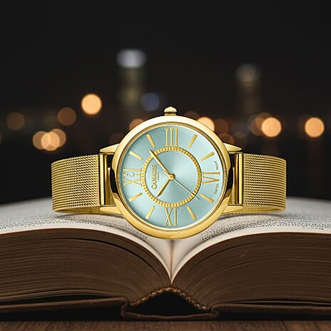 Gamages Of London Ladies Baroness Swiss Quartz Movement Teal Dial Diamond Stud Water Resistant Watch with Gold Mesh Bracelet