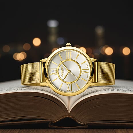 Gamages Of London Ladies Baroness Swiss Quartz Movement White Dial Diamond Stud Water Resistant Watch with Gold Mesh Bracelet