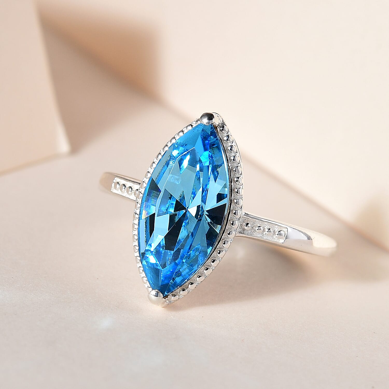 Aquamarine Austrian Crystal Solitaire Ring in Sterling Silver 2.55 Ct.