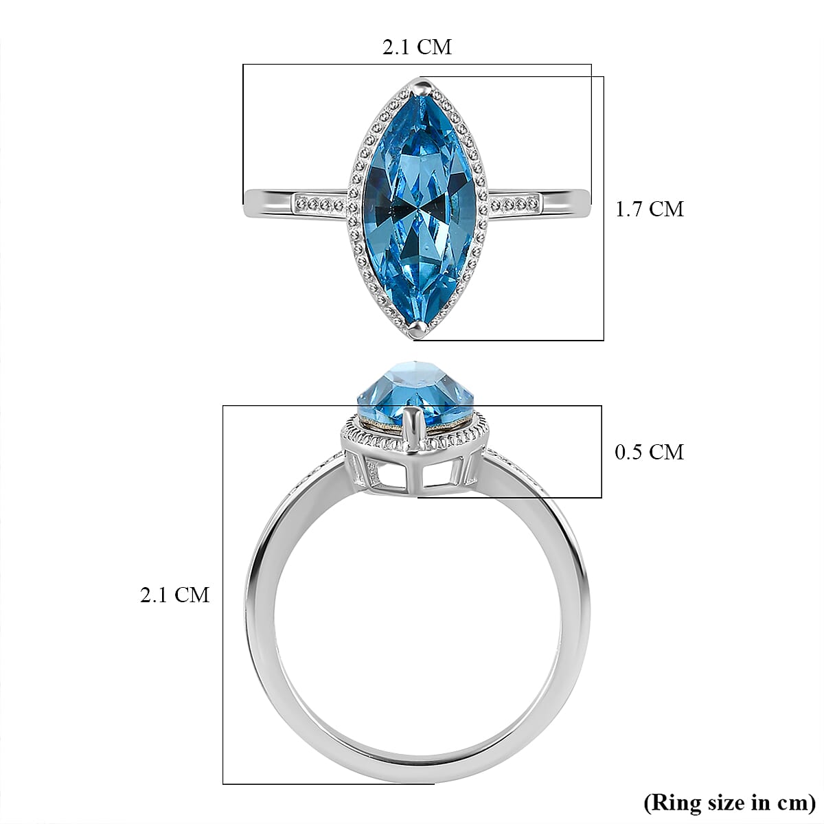 Aquamarine Austrian Crystal Solitaire Ring in Sterling Silver 2.55 Ct.
