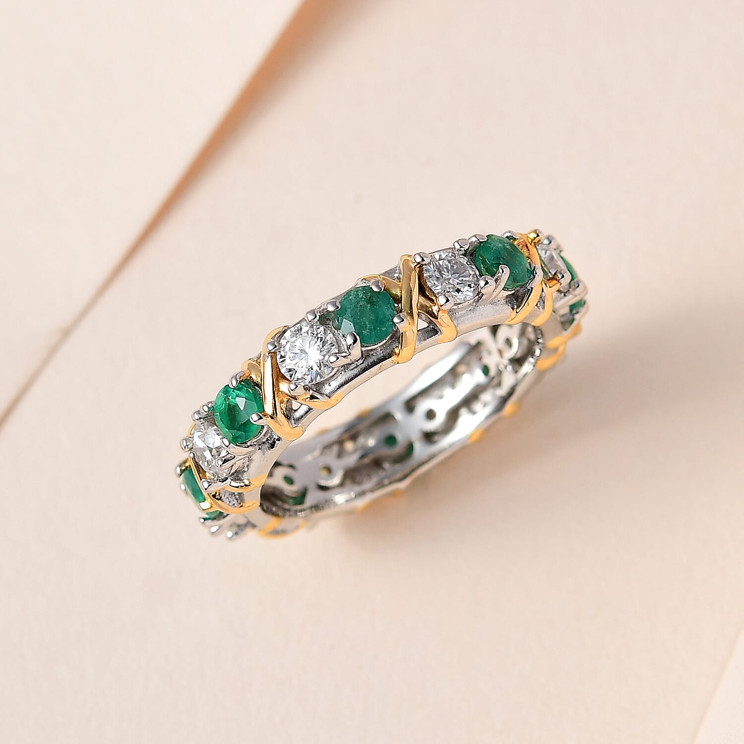 Premium Emerald and Moissanite Band Ring in Platinum Overlay and 18K Yellow Gold Vermeil Plated Sterling Silver 1.51 Ct.