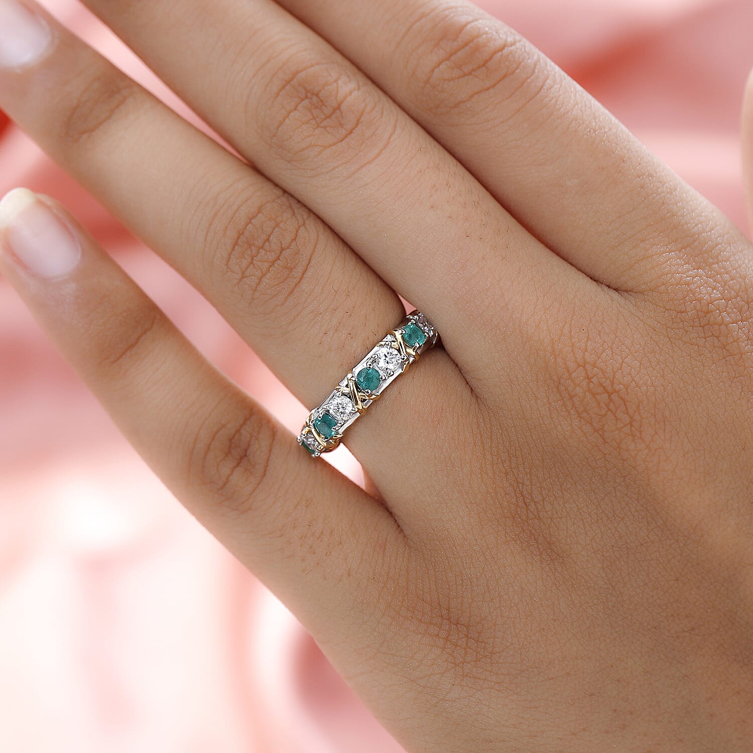 Premium Emerald and Moissanite Band Ring in Platinum Overlay and 18K Yellow Gold Vermeil Plated Sterling Silver 1.51 Ct.