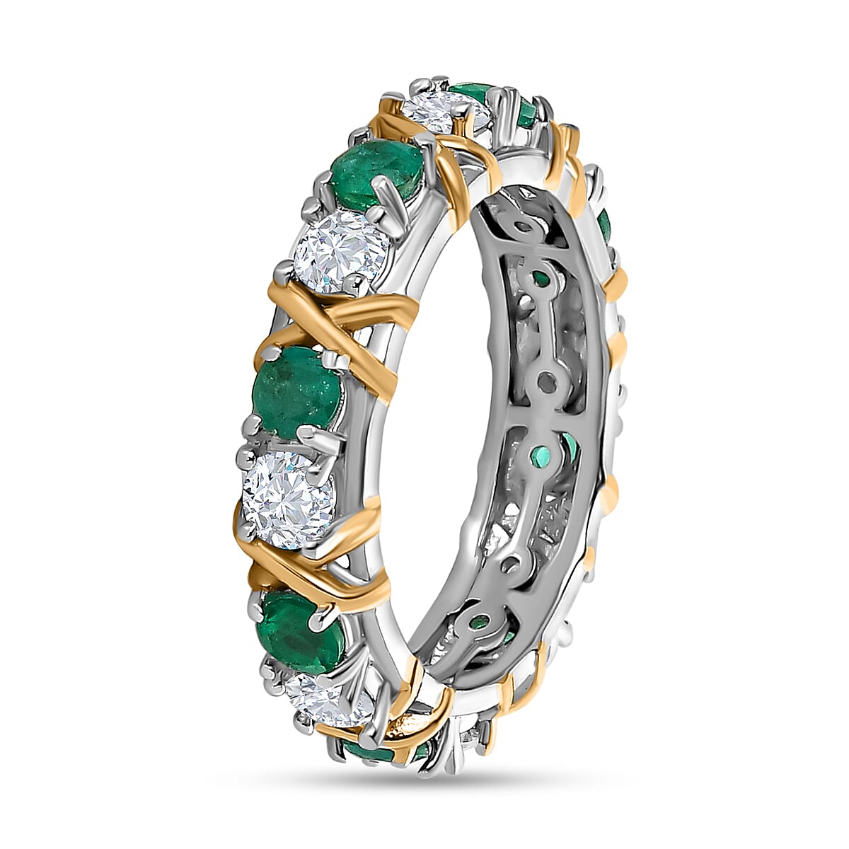 Premium Emerald and Moissanite Band Ring in Platinum Overlay and 18K Yellow Gold Vermeil Plated Sterling Silver 1.51 Ct.