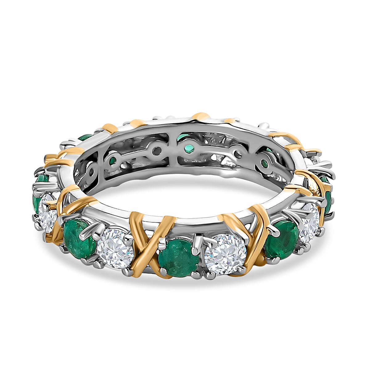 Premium Emerald and Moissanite Band Ring in Platinum Overlay and 18K Yellow Gold Vermeil Plated Sterling Silver 1.51 Ct.