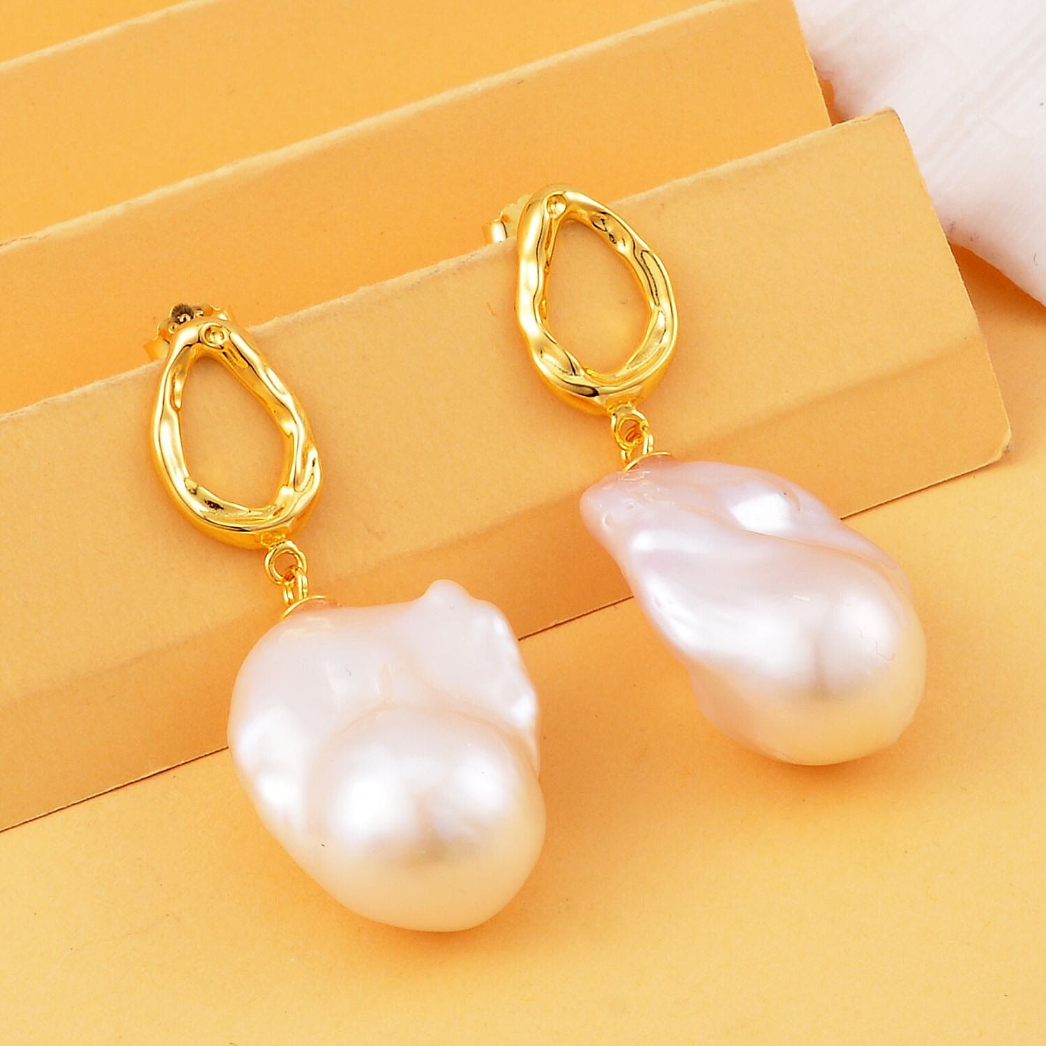 White Baroque Pearl Earrings in Yellow Gold Plated Sterling Silver