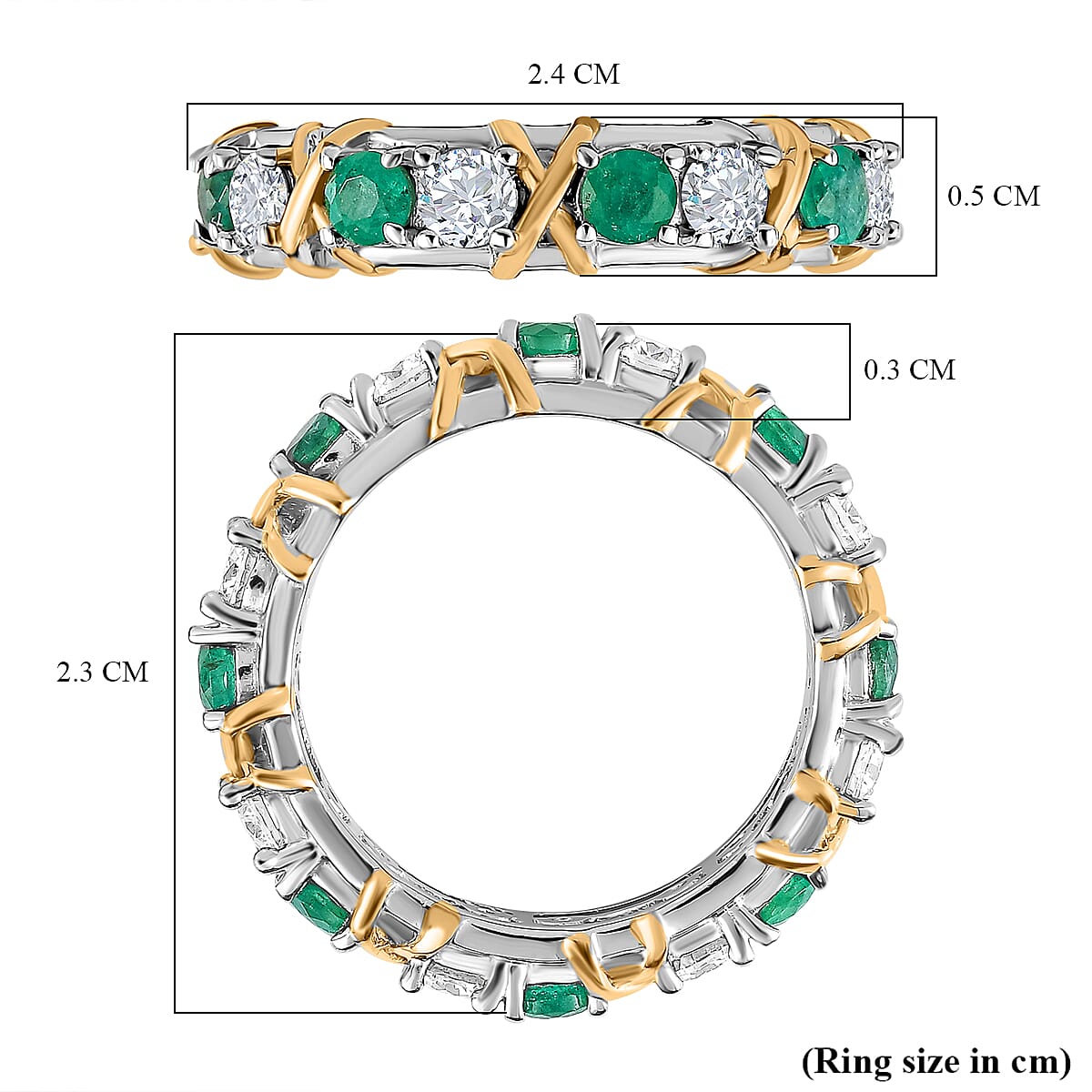 Premium Emerald and Moissanite Band Ring in Platinum Overlay and 18K Yellow Gold Vermeil Plated Sterling Silver 1.96 Ct.