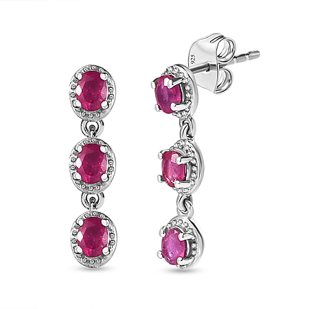 African Ruby Dangle Earrings in Platinum Overlay Sterling Silver 1.51 Ct.
