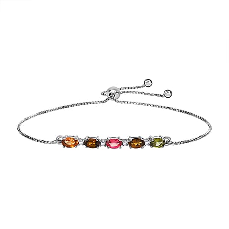 Multi-Tourmaline Bolo Bracelet (Size 7.5-9.5) in Platinum Overlay Sterling Silver