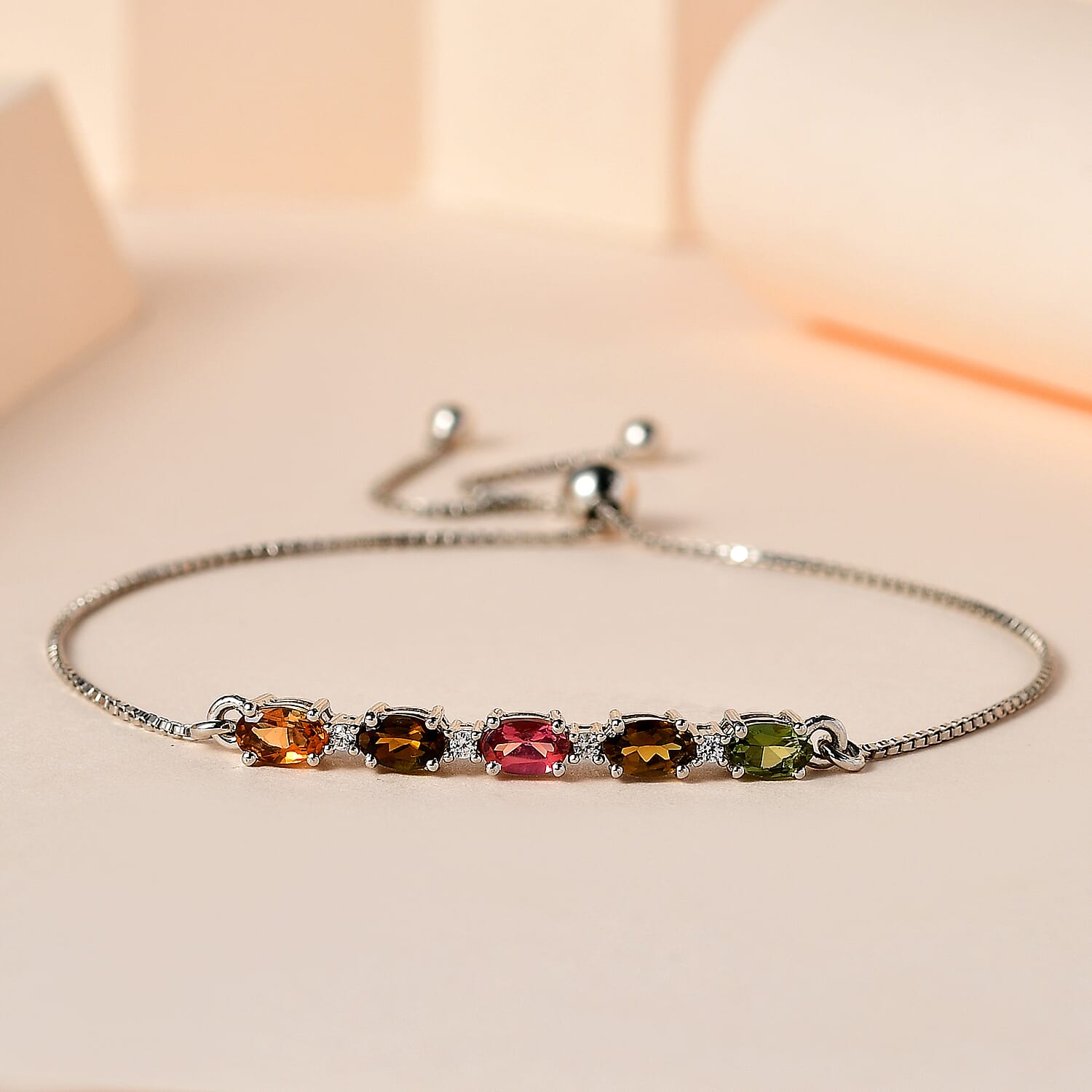 Multi-Tourmaline Bolo Bracelet (Size 7.5-9.5) in Platinum Overlay Sterling Silver