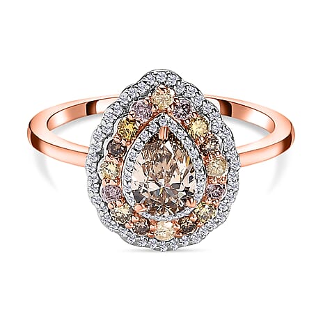 Collectors Edition - 14K Rose Gold Certified Natural Arygle Champagne and Multi Colour Diamond Ring 1.01 Ct. (0.50 ct centre)