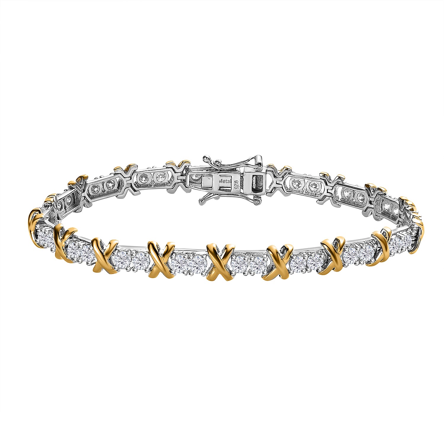 The Moissanite Kiss Tennis Bracelet (Size - 7) in 18K Gold Vermeil & Platinum Plated Sterling Silver, Silver Wt 11.00 Gms