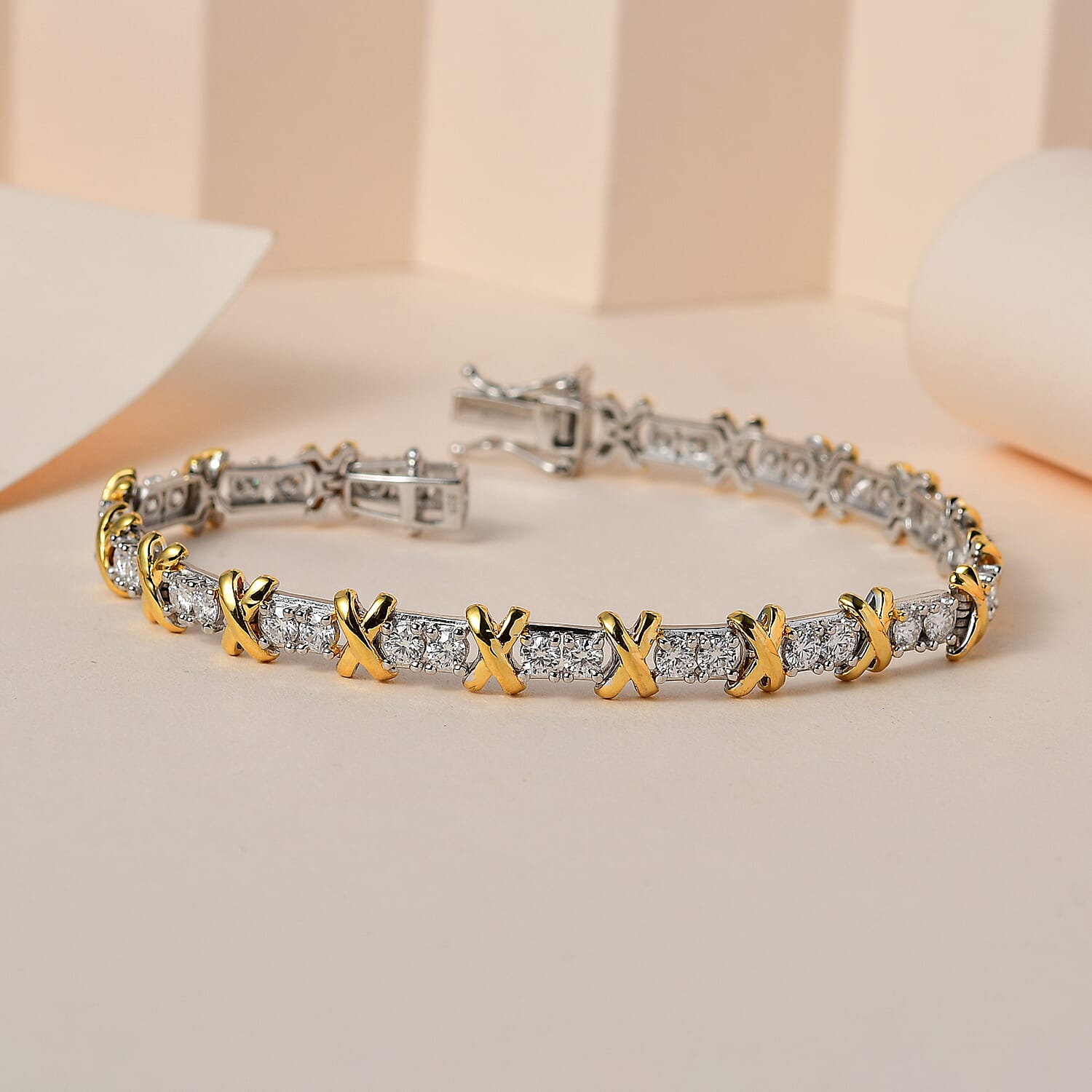 The Moissanite Kiss Tennis Bracelet (Size - 7) in 18K Gold Vermeil & Platinum Plated Sterling Silver, Silver Wt 11.00 Gms