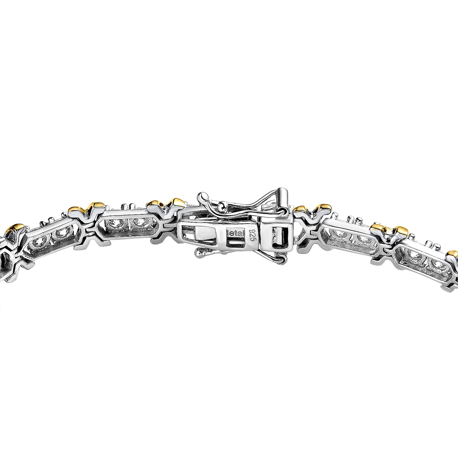 The Moissanite Kiss Tennis Bracelet (Size - 7.5) in 18K Yellow Gold Vermeil & Platinum Plated Sterling Silver, Silver Wt. 12 Gms.