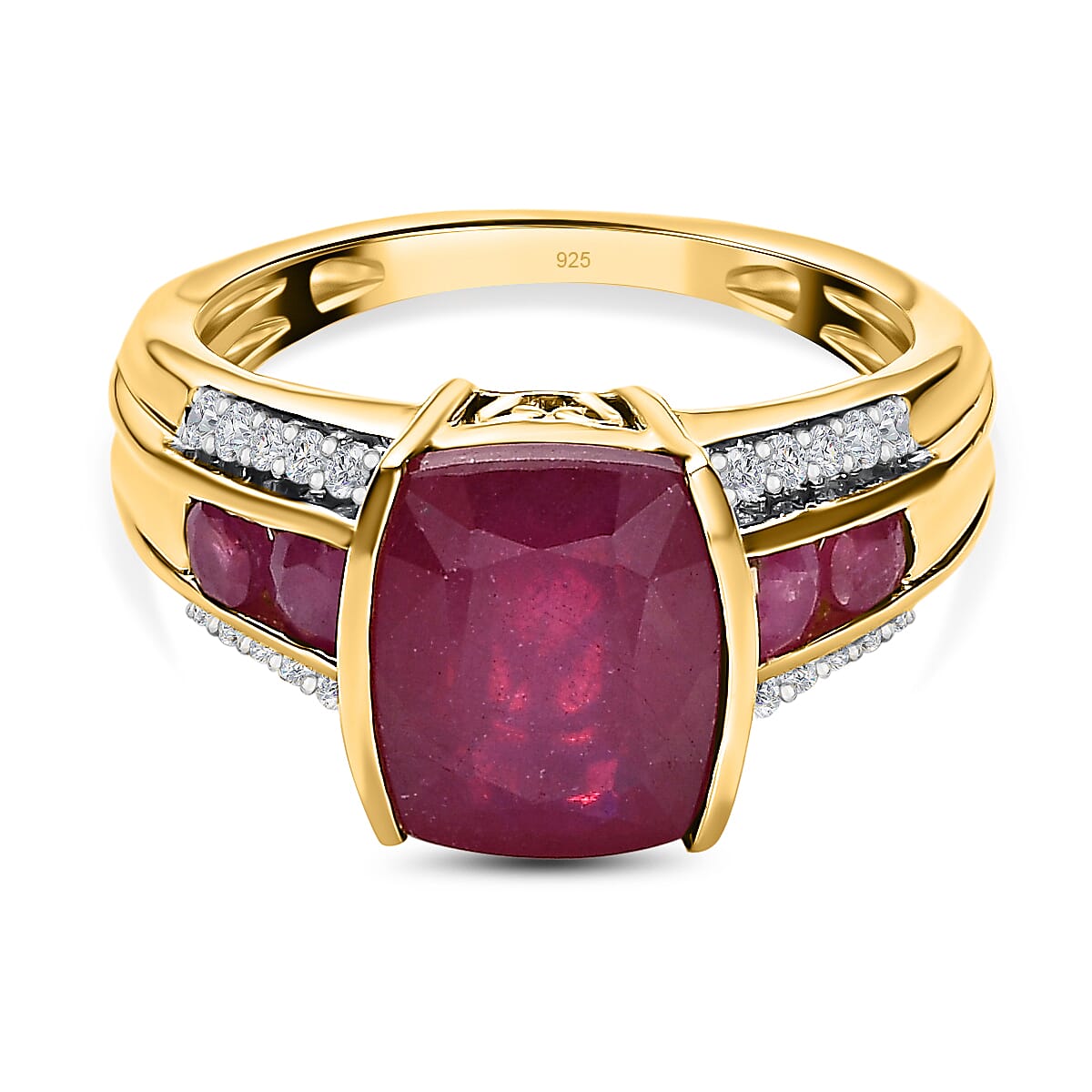 African Ruby and Natural Zircon Ring in 18K Yellow Gold Vermeil Plated Sterling Silver 5.31 Ct