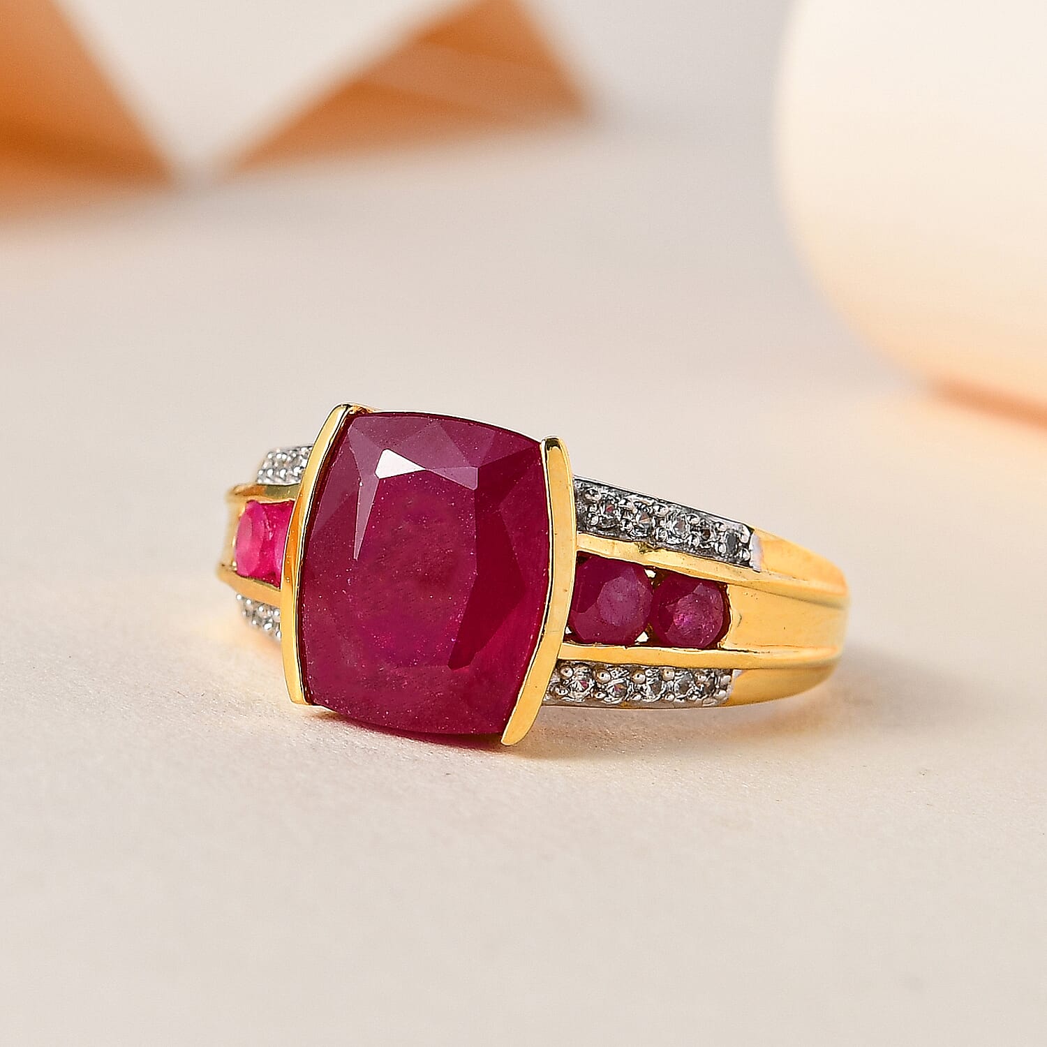 African Ruby and Natural Zircon Ring in 18K Yellow Gold Vermeil Plated Sterling Silver 5.31 Ct