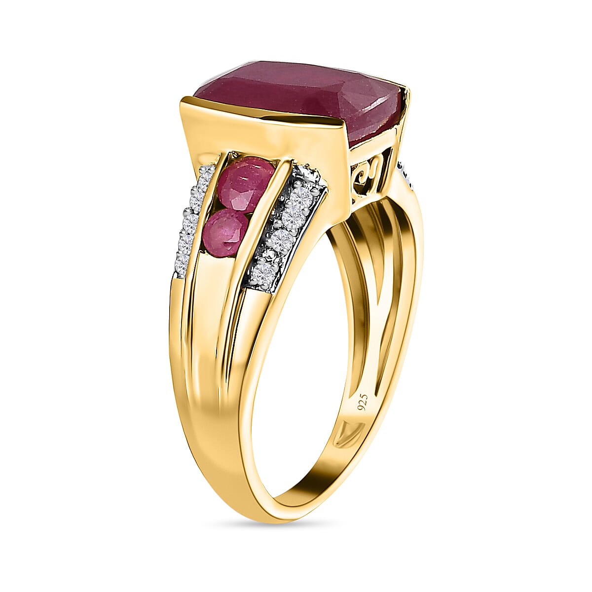 African Ruby and Natural Zircon Ring in 18K Yellow Gold Vermeil Plated Sterling Silver 5.31 Ct