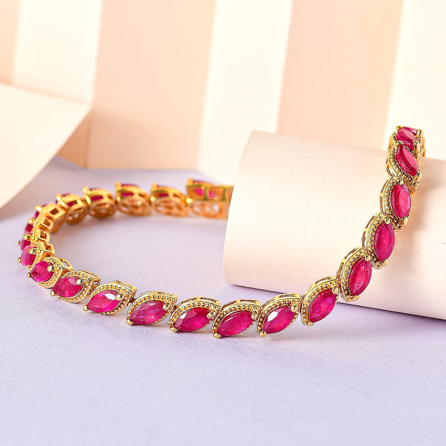 African Ruby Link Tennis Bracelet (Size - 7) in 18K Yellow Gold Vermeil Plated Sterling Silver 12.05 Ct, Silver Wt. 12.32 Gms