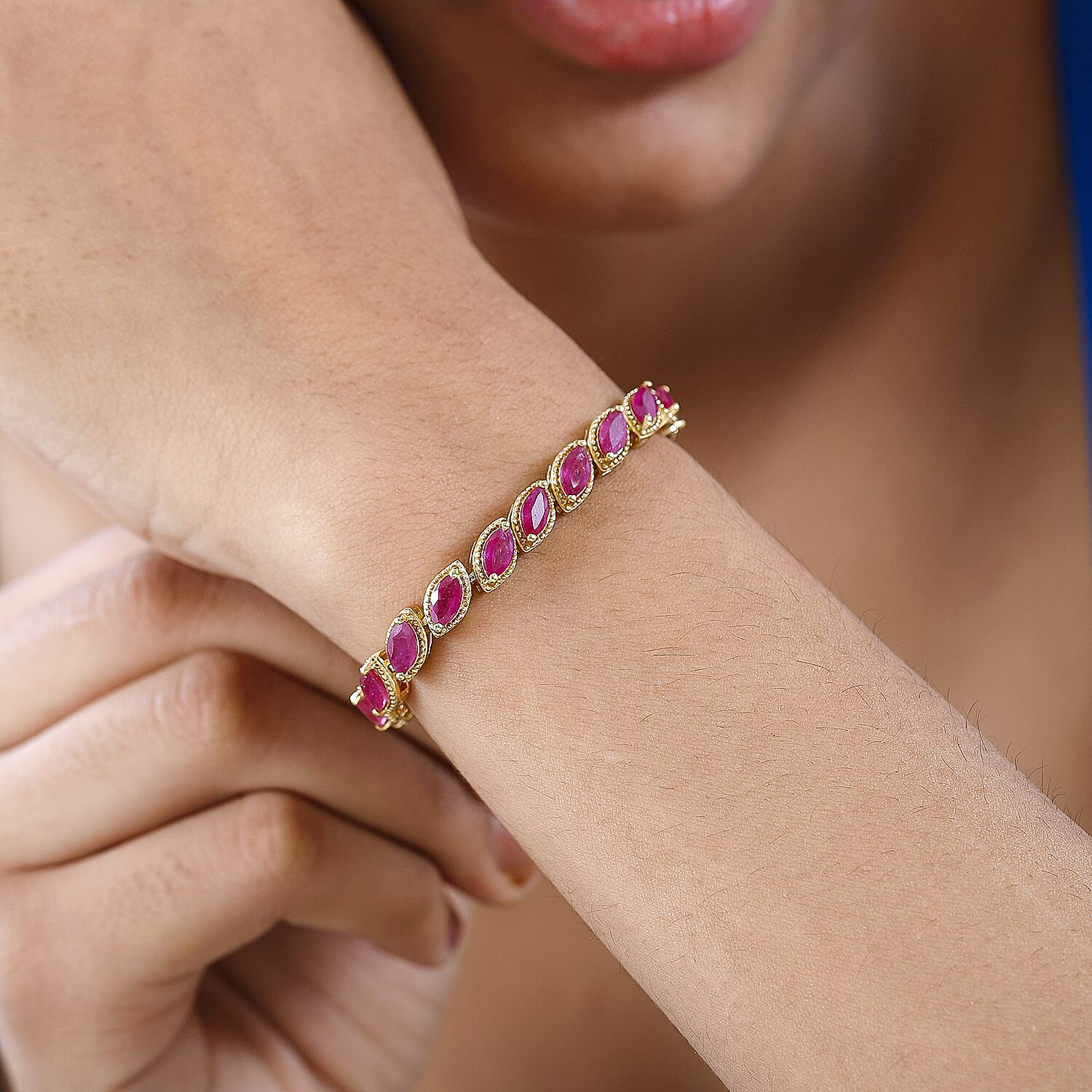 African Ruby Link Tennis Bracelet (Size - 7) in 18K Yellow Gold Vermeil Plated Sterling Silver 12.05 Ct, Silver Wt. 12.32 Gms