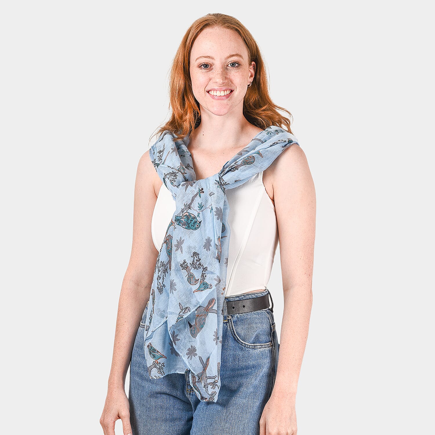 Closeout Deal - Bird Printed Scarf (Size 180x80 cm) - Cream