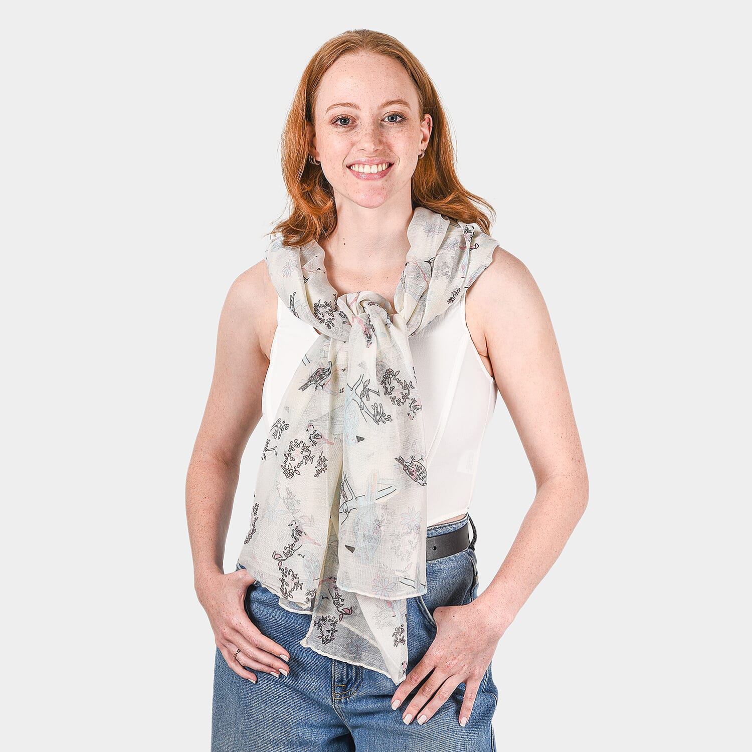 Closeout Deal - Bird Printed Scarf (Size 180x80 cm) - Light Blue