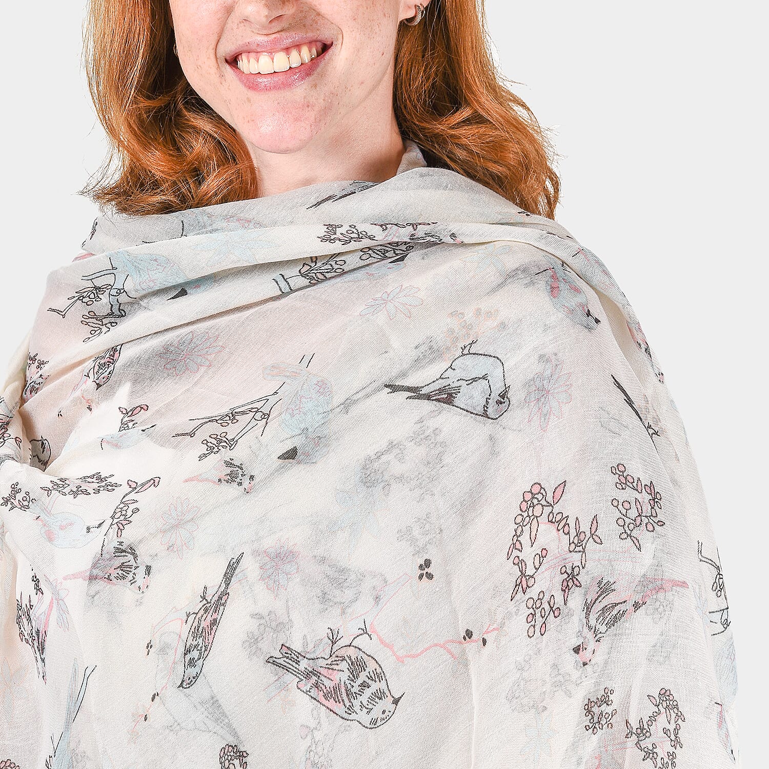 Closeout Deal - Bird Printed Scarf (Size 180x80 cm) - Light Blue