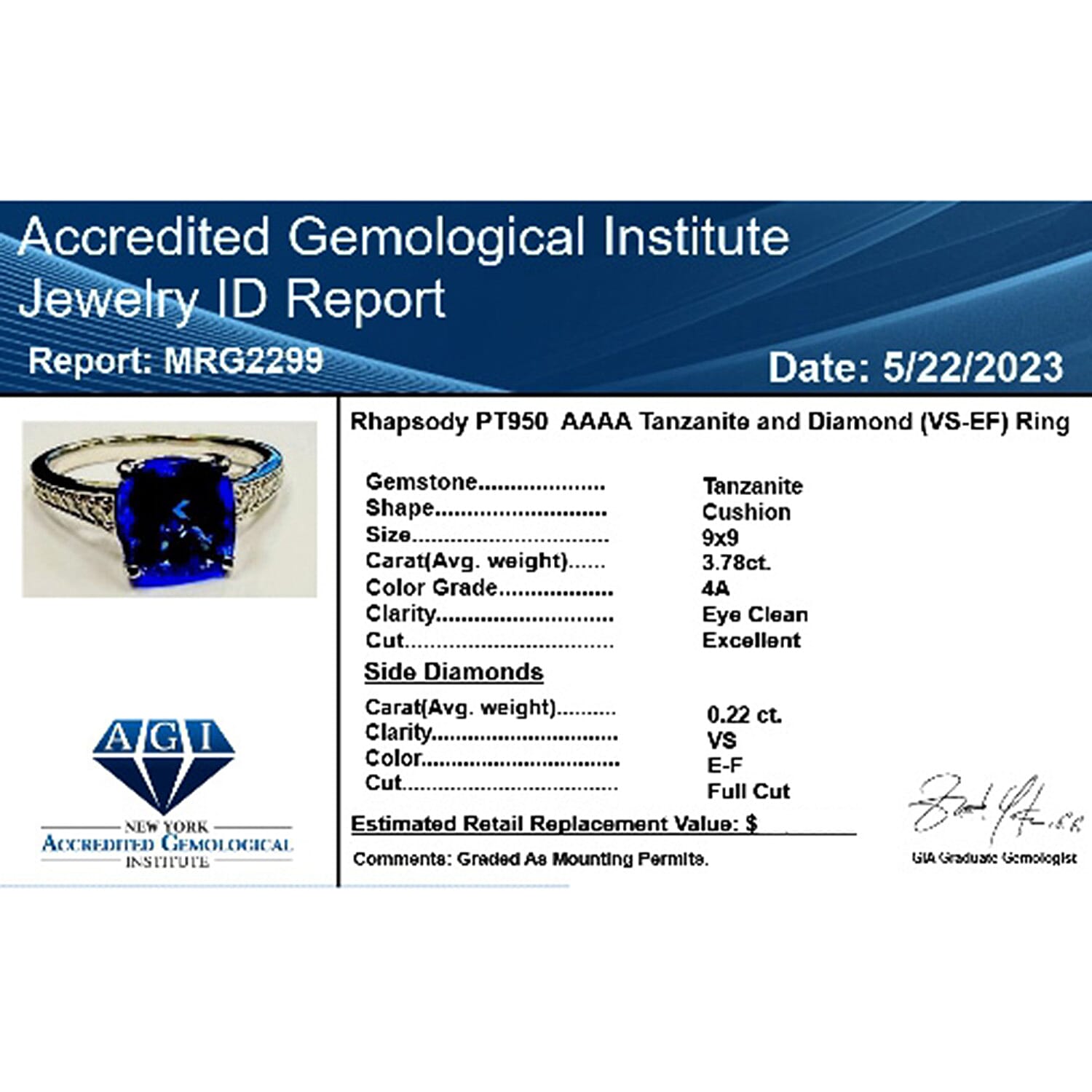 Certified and Appraised RHAPSODY 950 Platinum AAAA Tanzanite & Diamond (VS-EF) Ring 4.01 Ct, Platinum Wt. 5.33 Gms