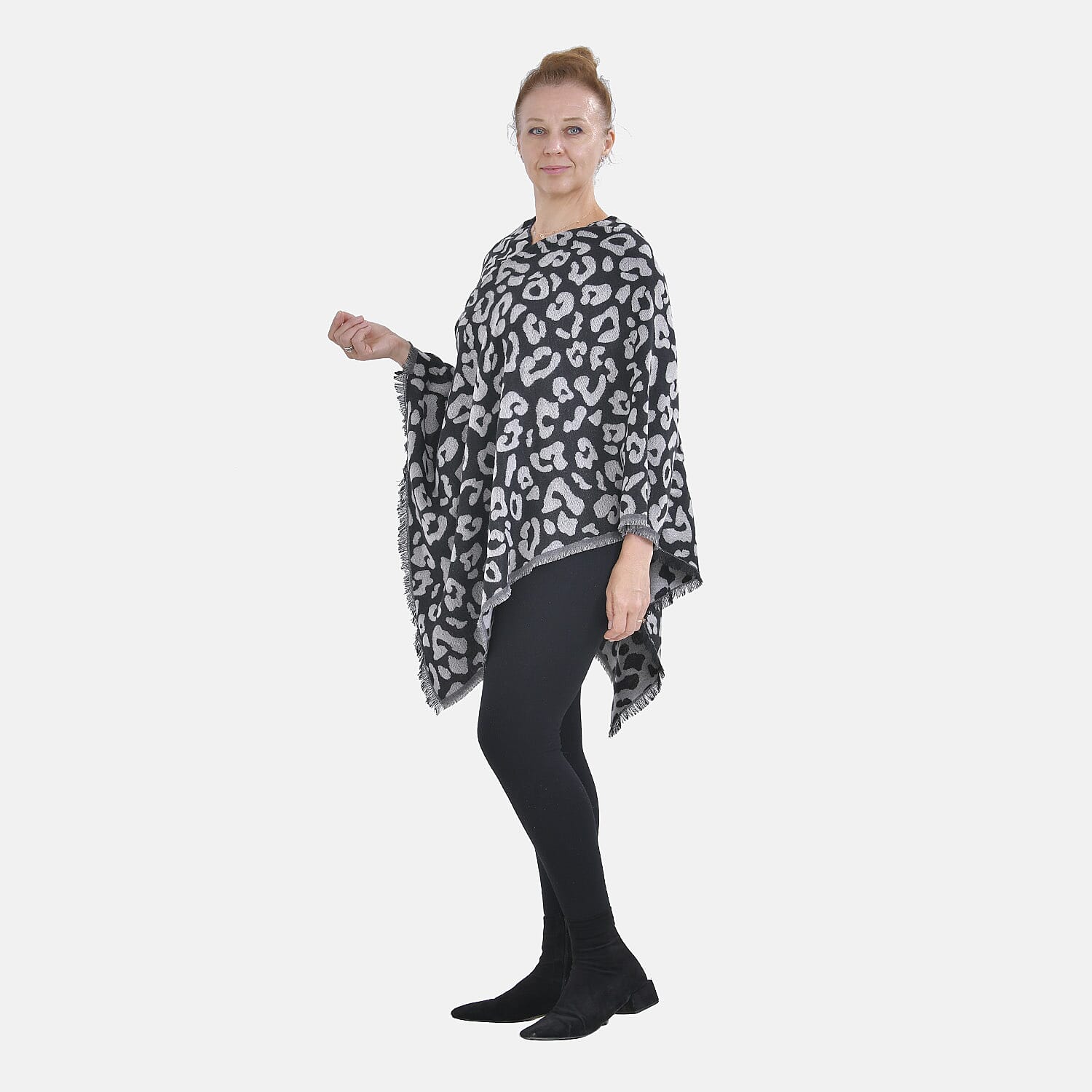 Closeout Deal - Leopard Pattern V-Neck Poncho (One Size) - Black