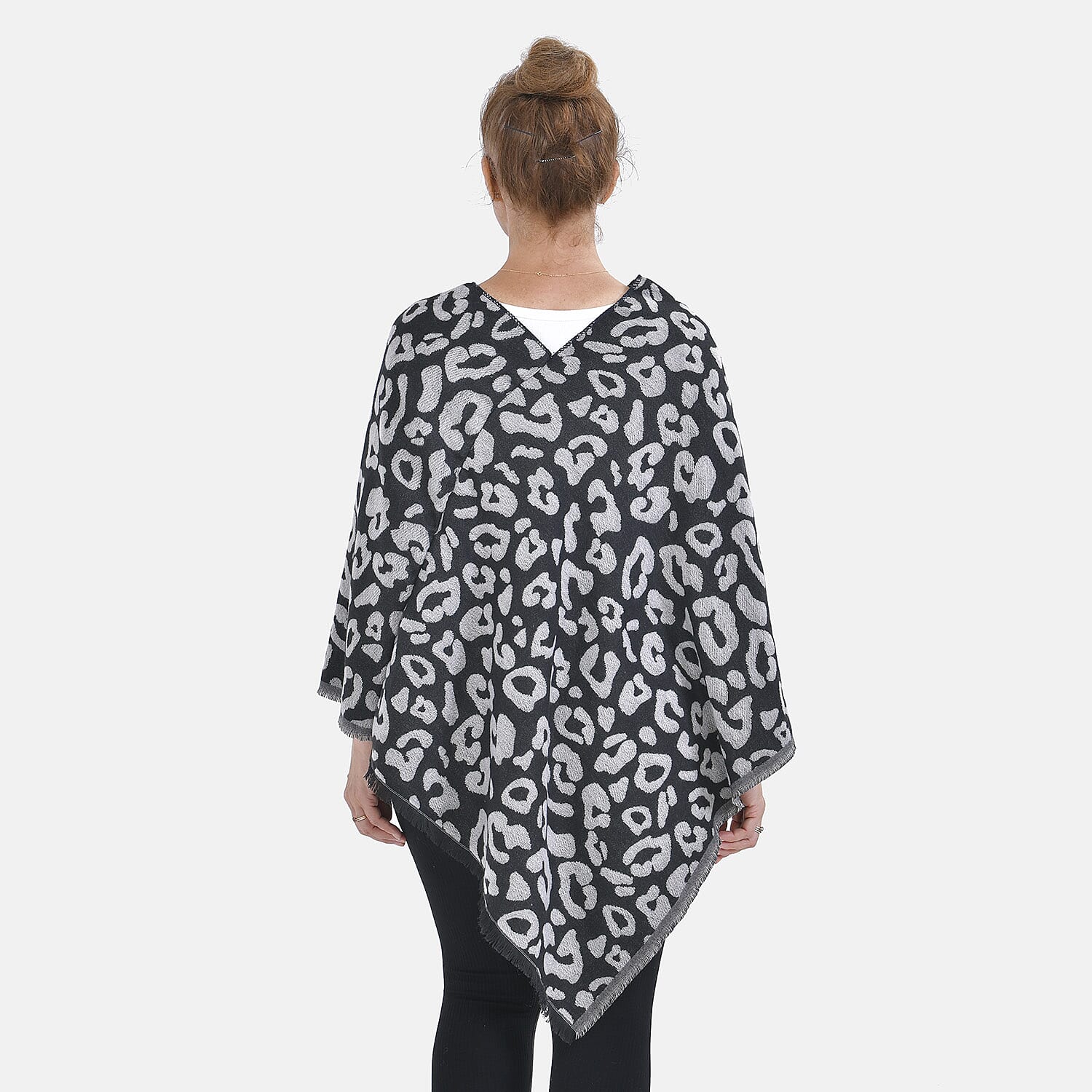 Closeout Deal - Leopard Pattern V-Neck Poncho (One Size) - Black