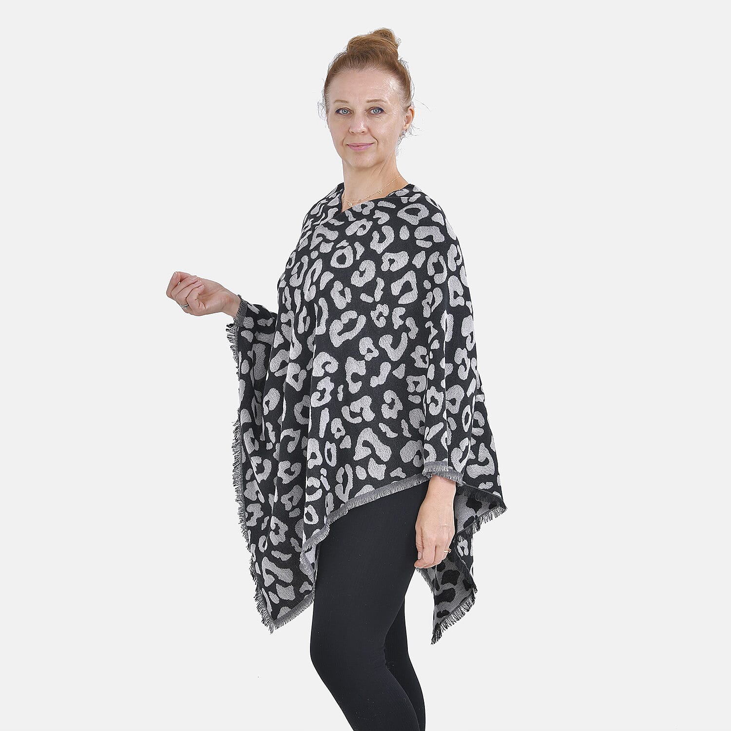 Closeout Deal - Leopard Pattern V-Neck Poncho (One Size) - Black