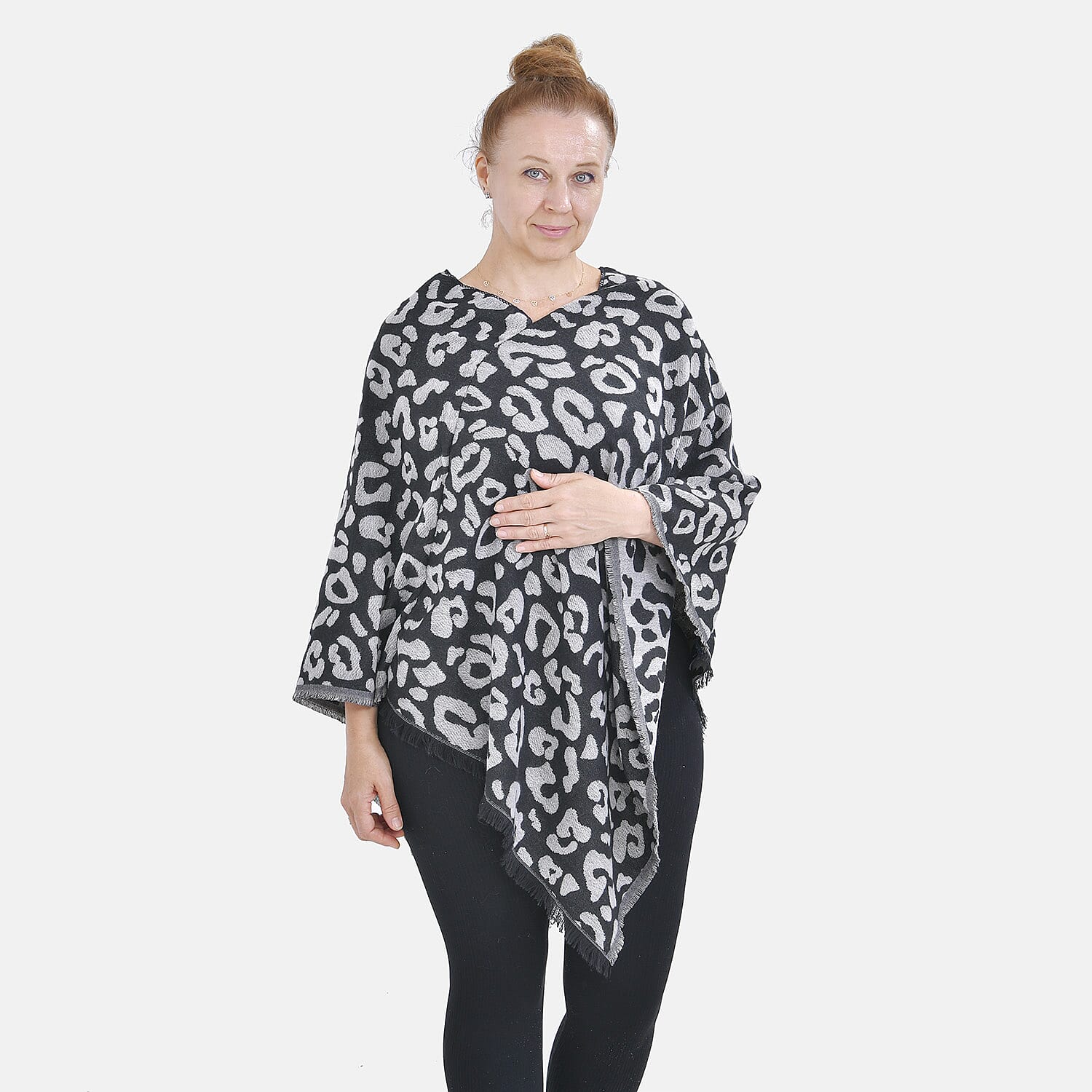 Closeout Deal - Leopard Pattern V-Neck Poncho (One Size) - Black