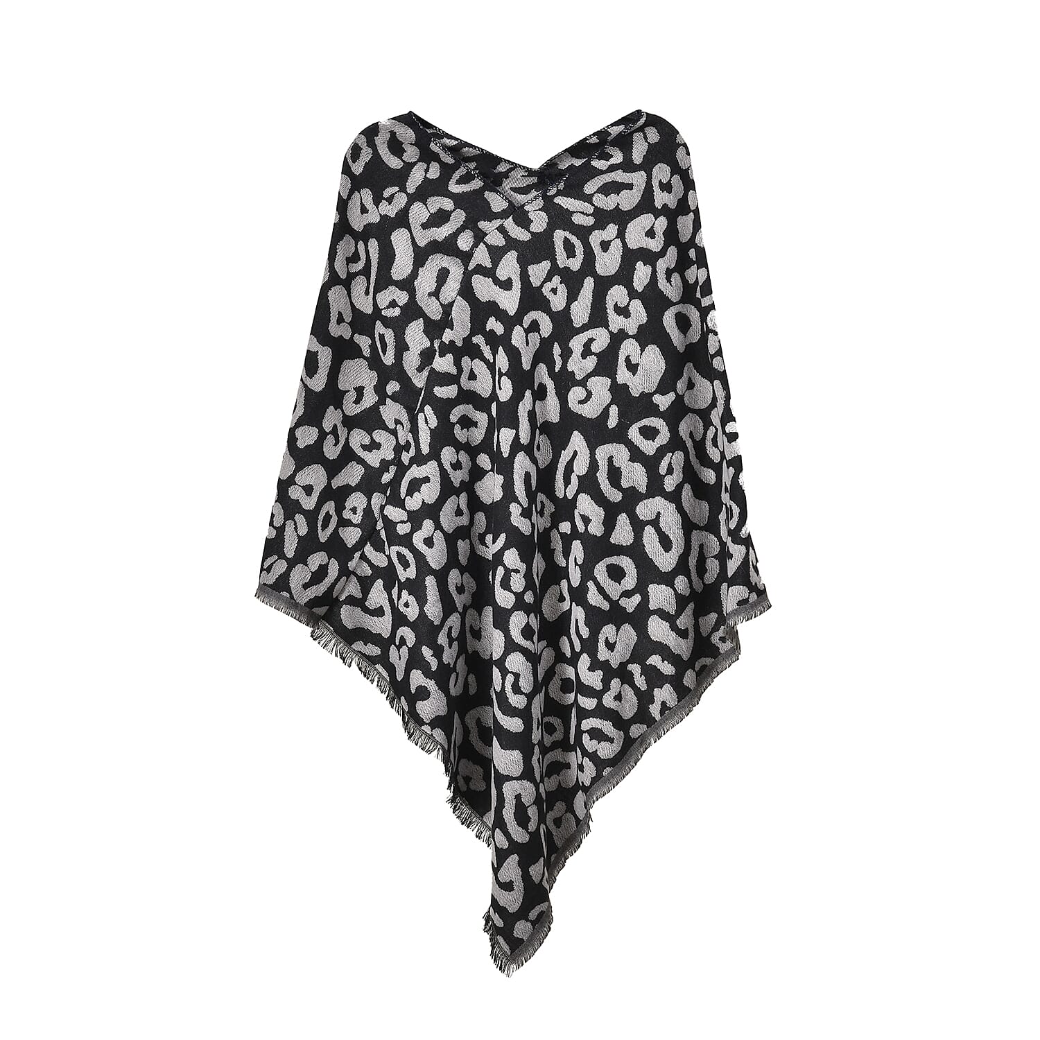 Closeout Deal - Leopard Pattern V-Neck Poncho (One Size) - Black