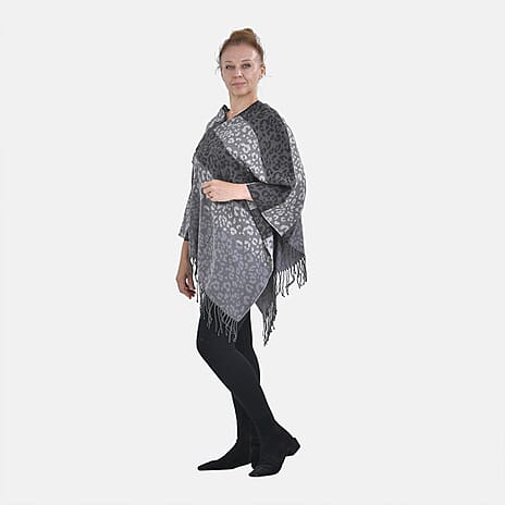 Closeout Deal - Leopard & Stripe Pattern V-Neck Poncho (One Size) - Grey & Black