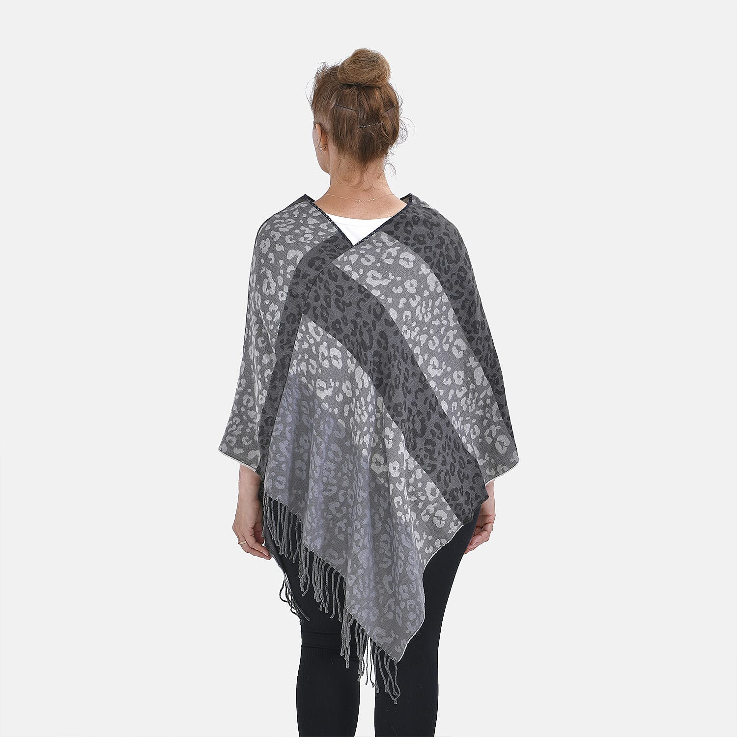 Closeout Deal - Leopard & Stripe Pattern V-Neck Poncho (One Size) - Grey & Black