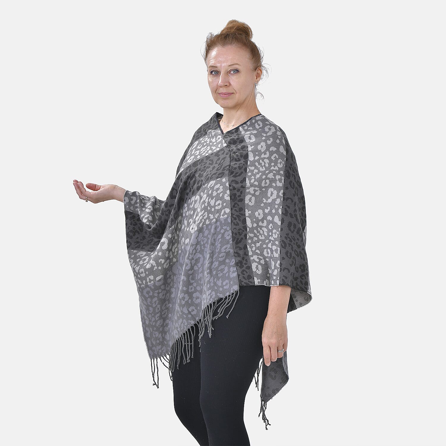 Closeout Deal - Leopard & Stripe Pattern V-Neck Poncho (One Size) - Grey & Black