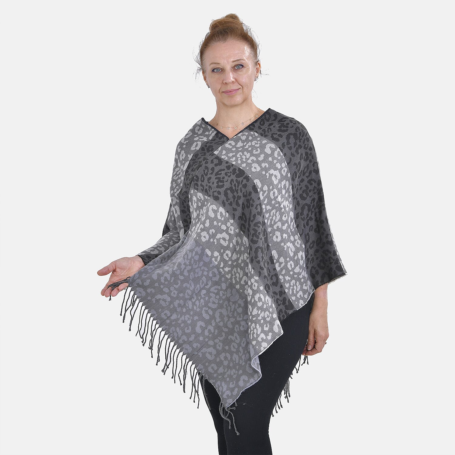 Closeout Deal - Leopard & Stripe Pattern V-Neck Poncho (One Size) - Grey & Black