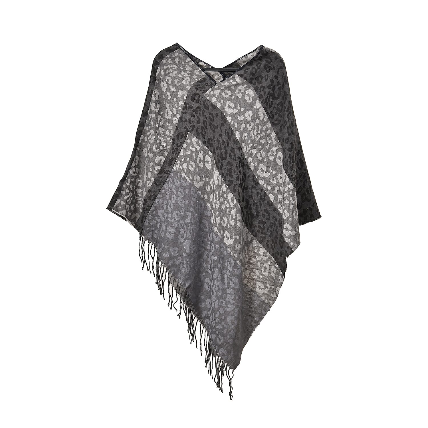 Closeout Deal - Leopard - Stripe Pattern V-Neck Poncho (One Size) - Grey - Black