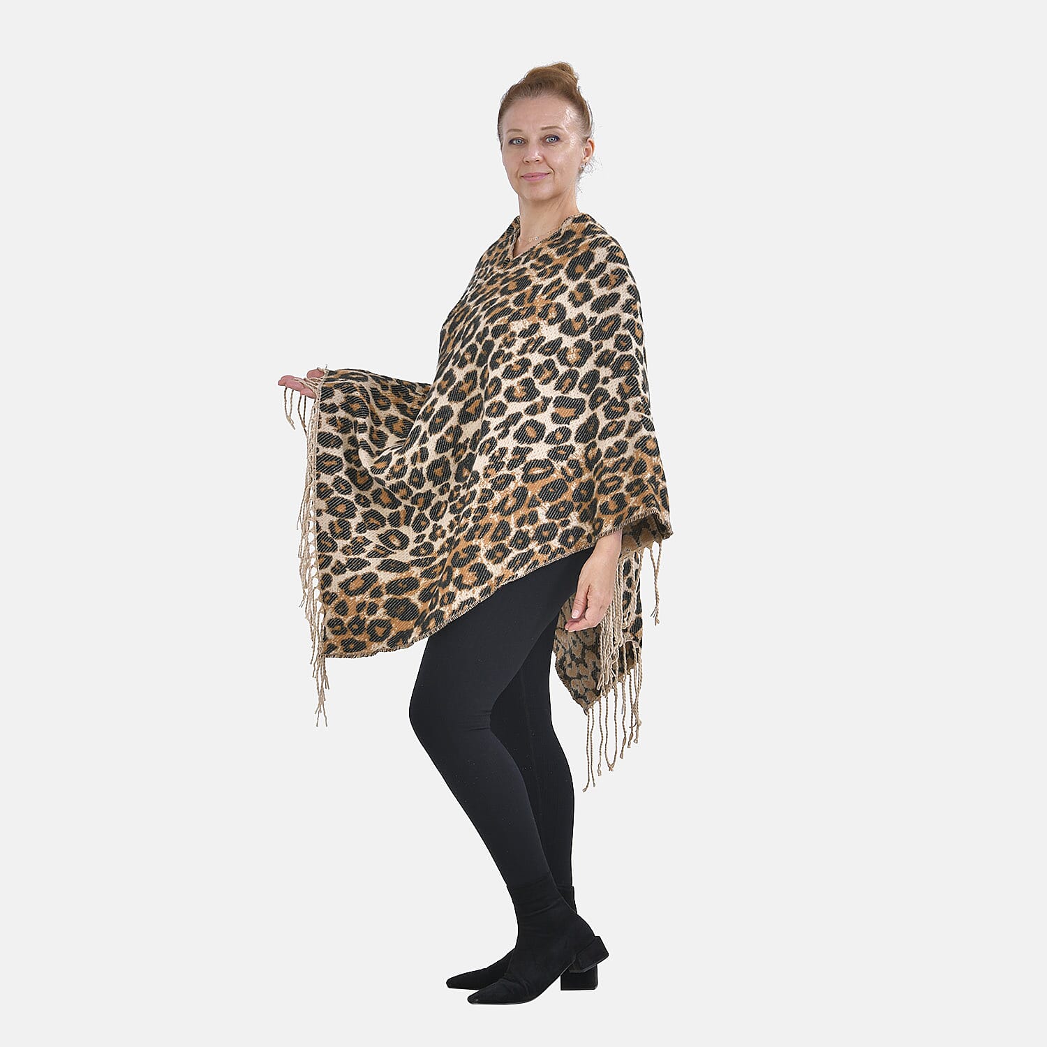 Closeout Deal - Leopard Pattern V-Neck Poncho (One Size) - Beige
