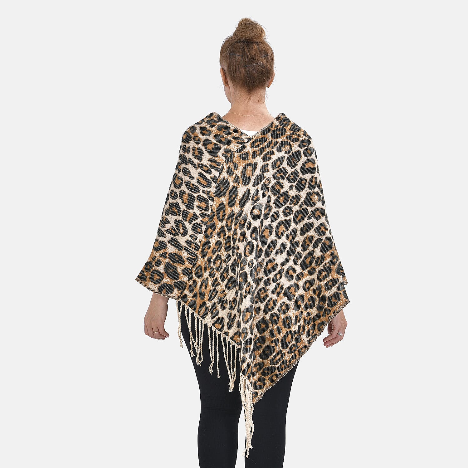 Closeout Deal - Leopard Pattern V-Neck Poncho (One Size) - Beige