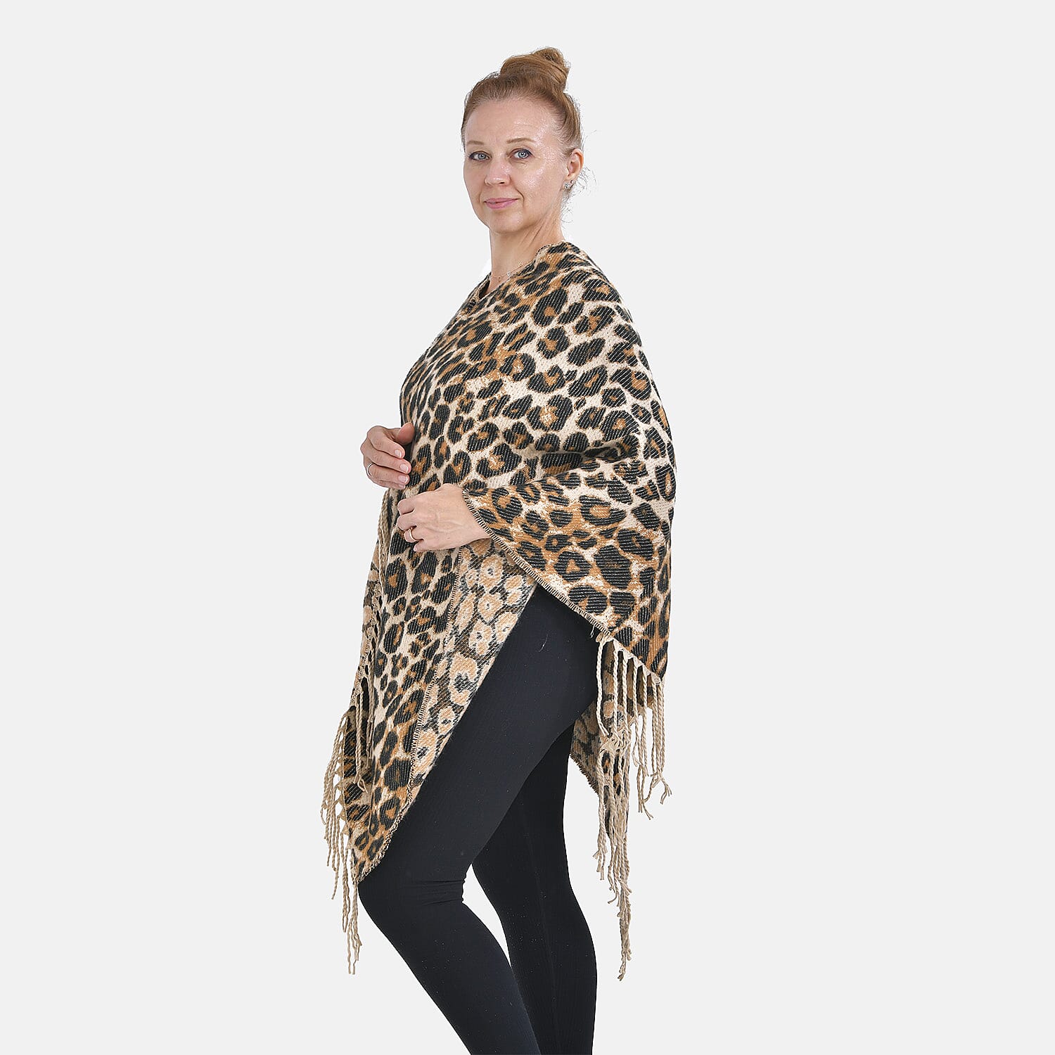 Closeout Deal - Leopard Pattern V-Neck Poncho (One Size) - Beige