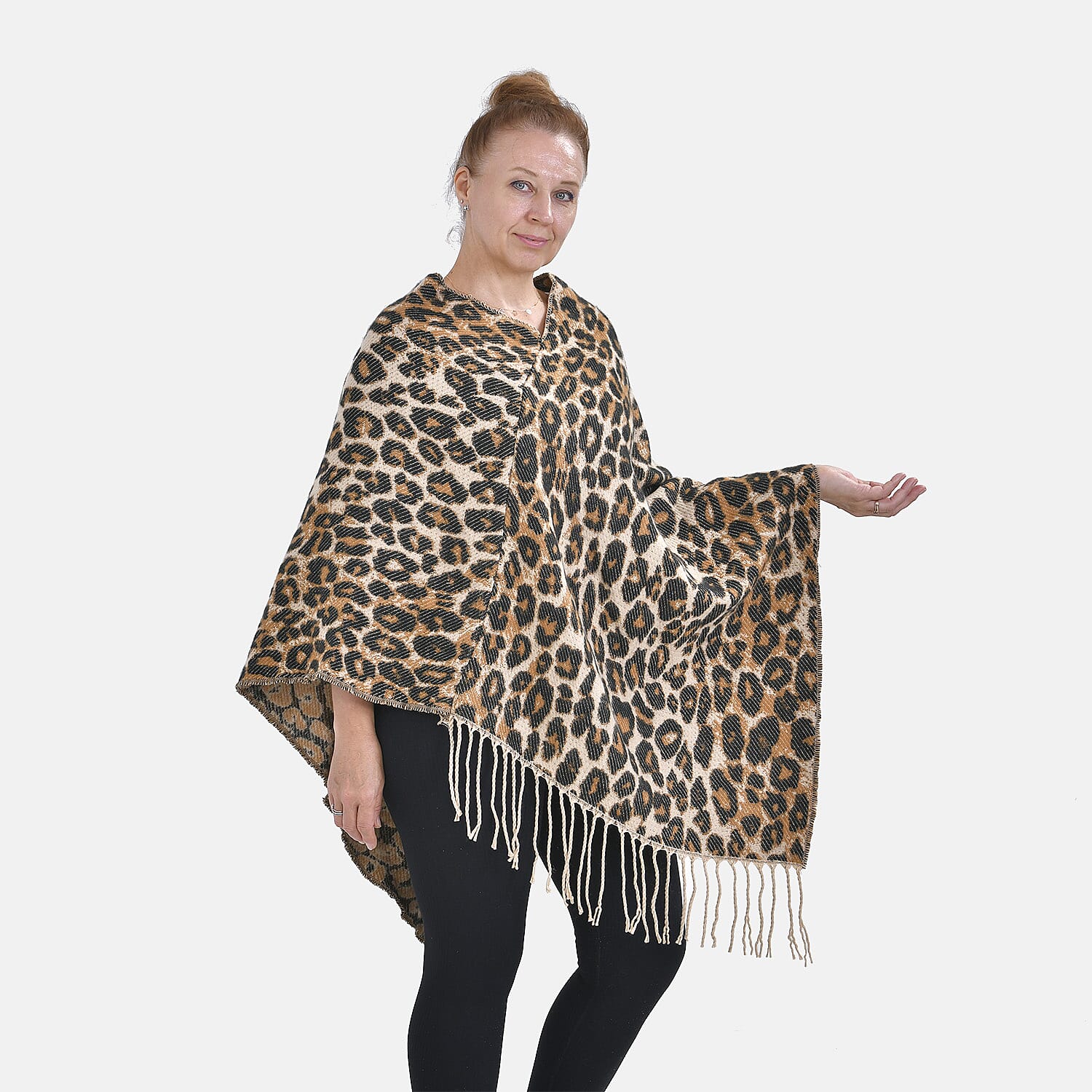 Closeout Deal - Leopard Pattern V-Neck Poncho (One Size) - Beige