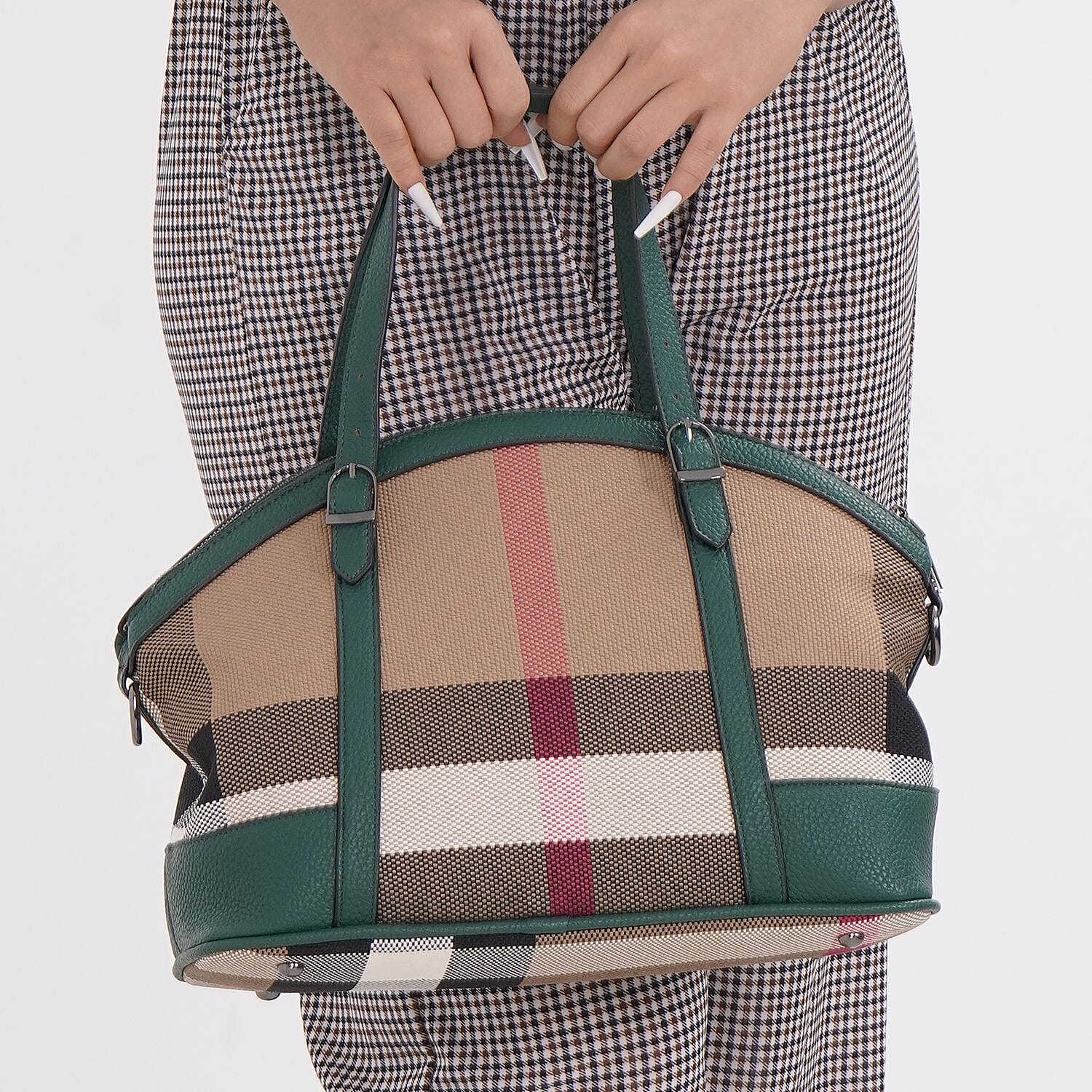 Plaid Pattern Medium Tote Bag with Detachable Shoulder Strap - Green