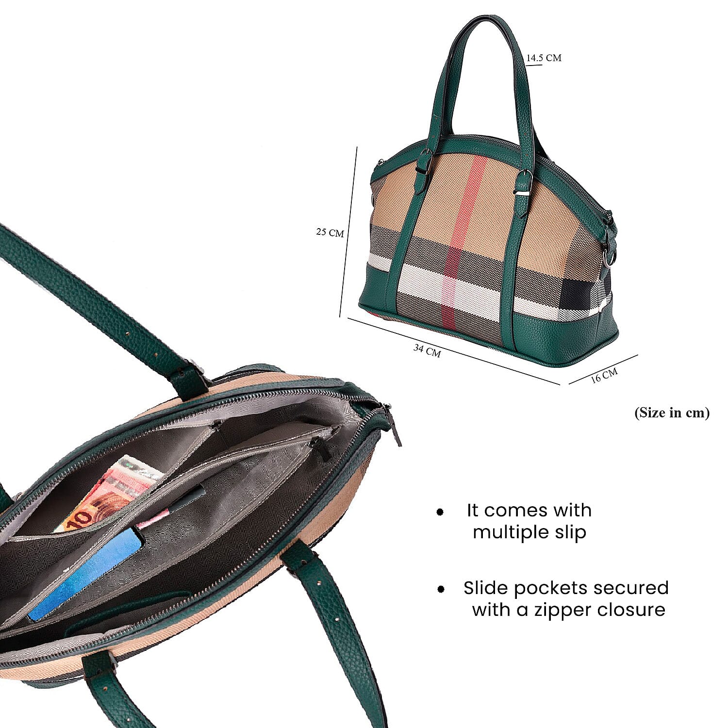 Plaid Pattern Medium Tote Bag with Detachable Shoulder Strap - Green