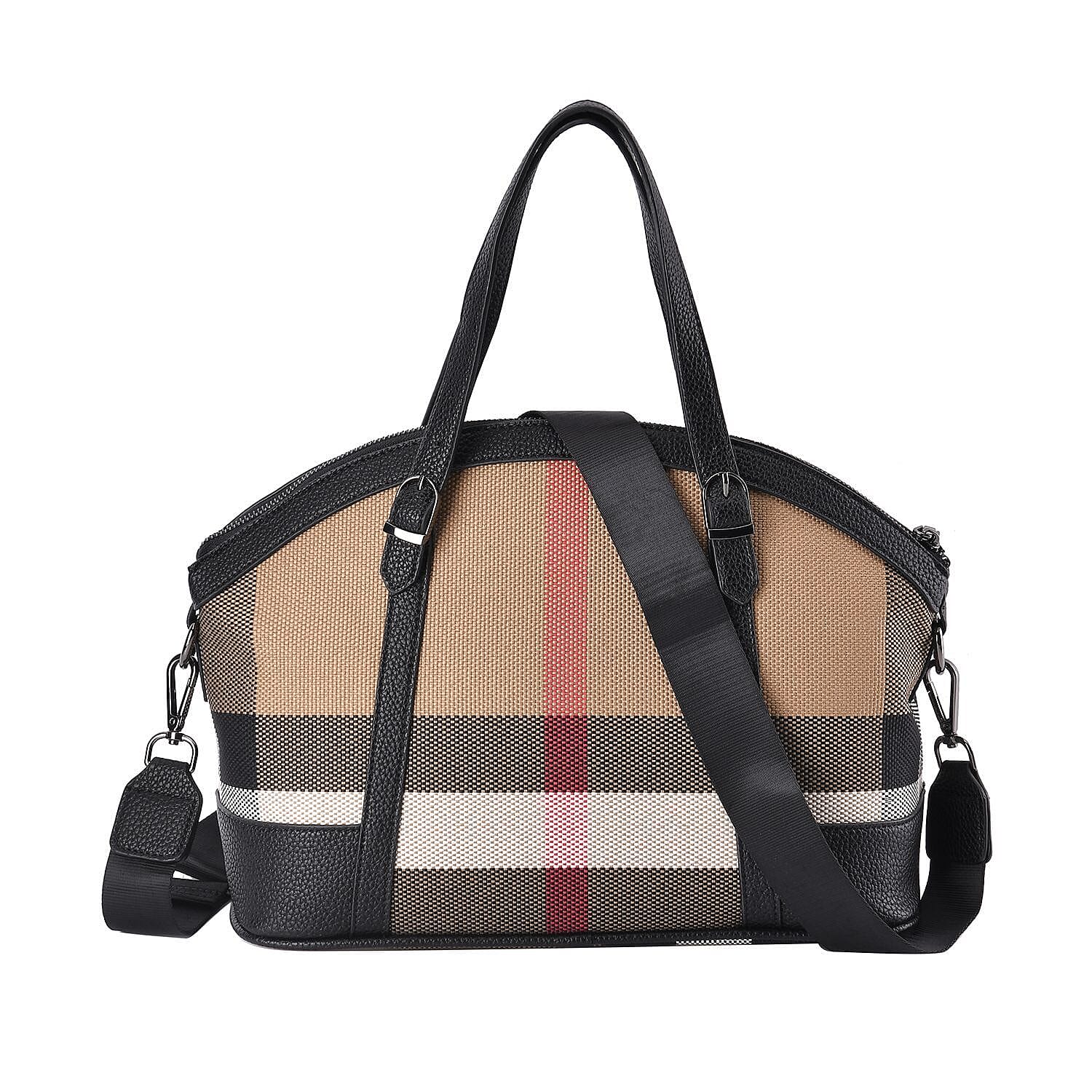 Plaid Pattern Medium Tote Bag with Detachable Shoulder Strap - Black