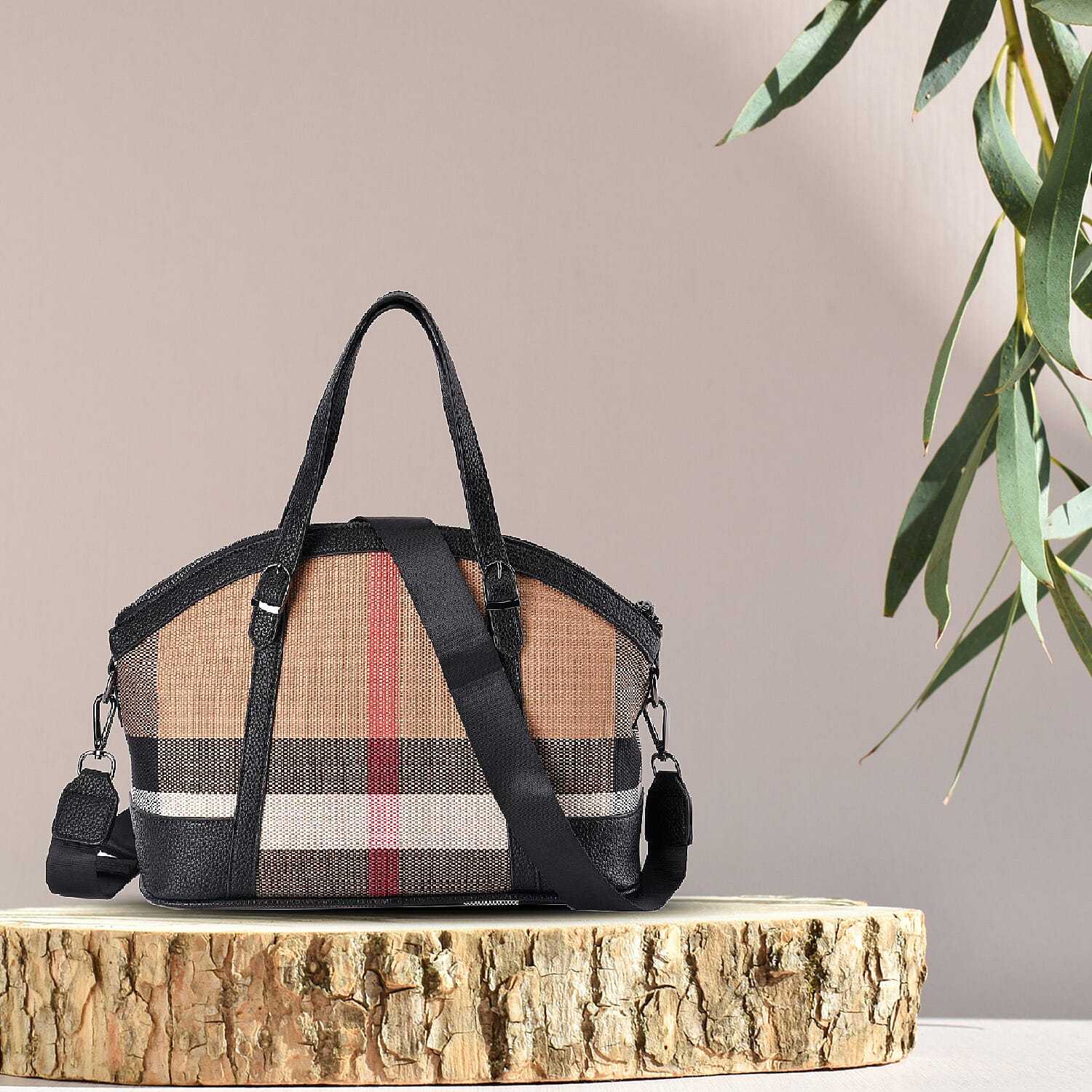 Plaid Pattern Medium Tote Bag with Detachable Shoulder Strap - Black