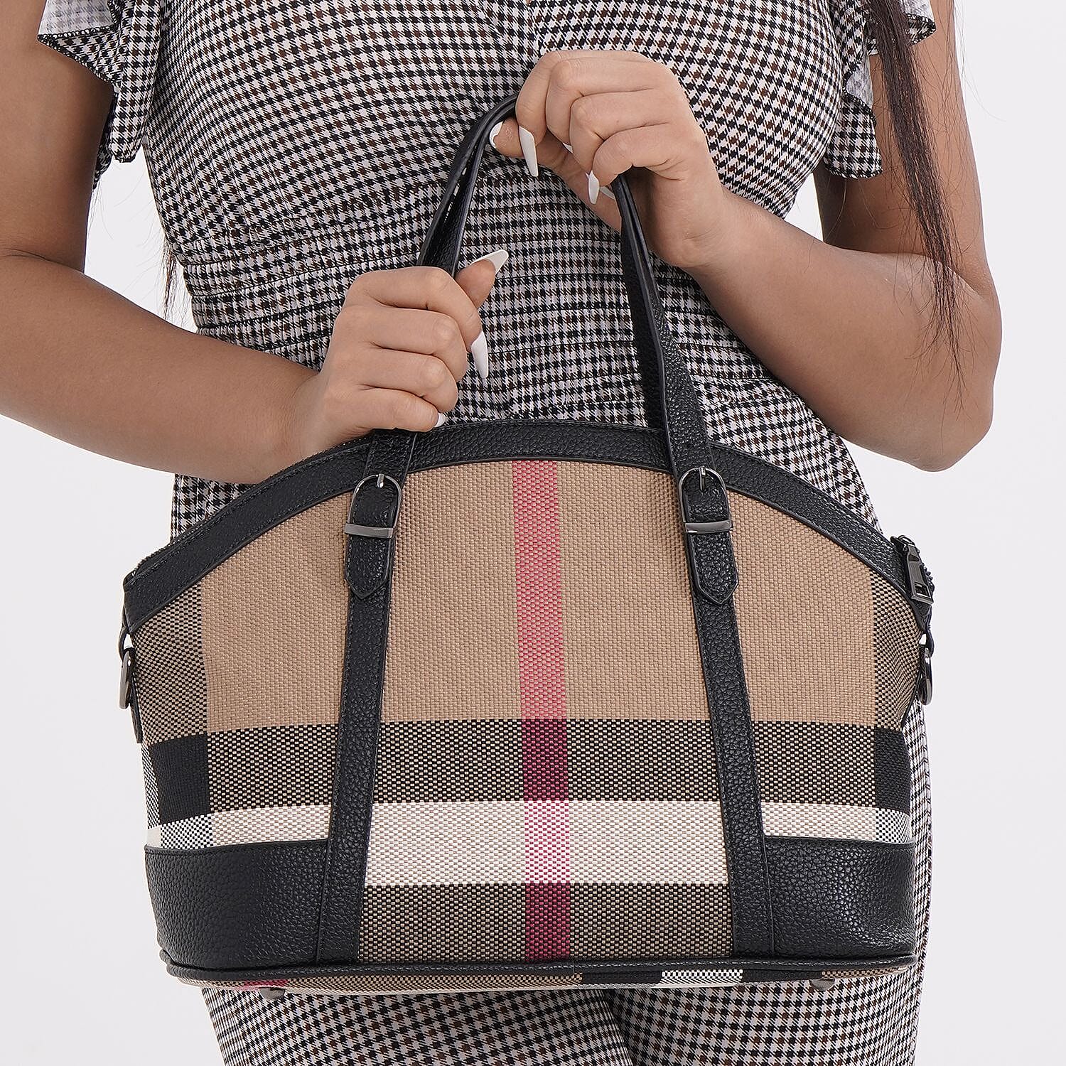 Plaid Pattern Medium Tote Bag with Detachable Shoulder Strap - Black